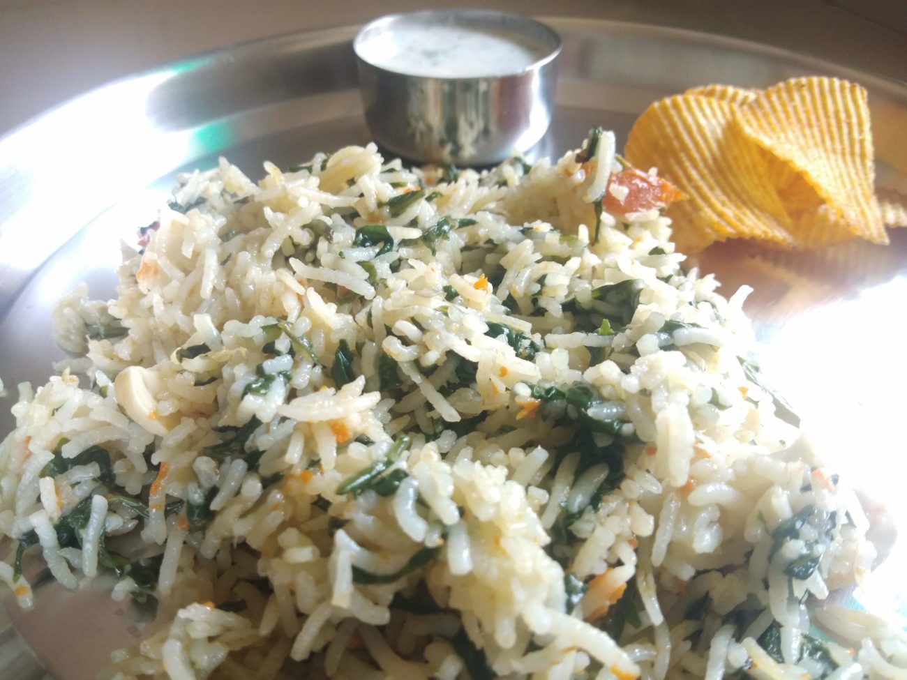 Palak Pulao – Spinach pulao with masala raita